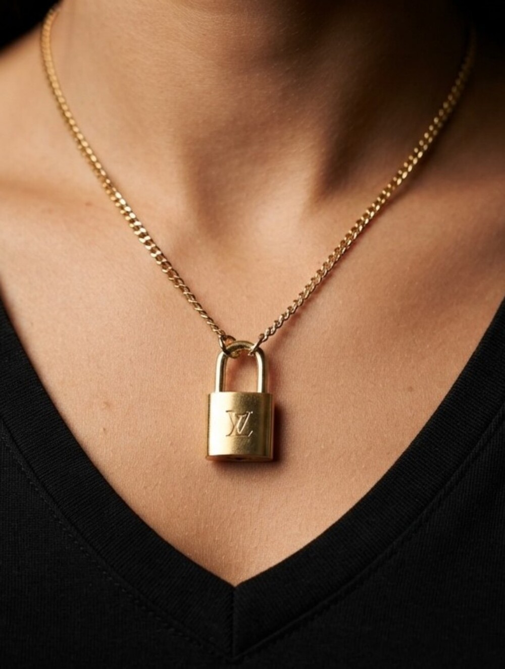 LV Upcycled Authentic Louis Vuitton Padlock & Gold Curb Chain Necklace